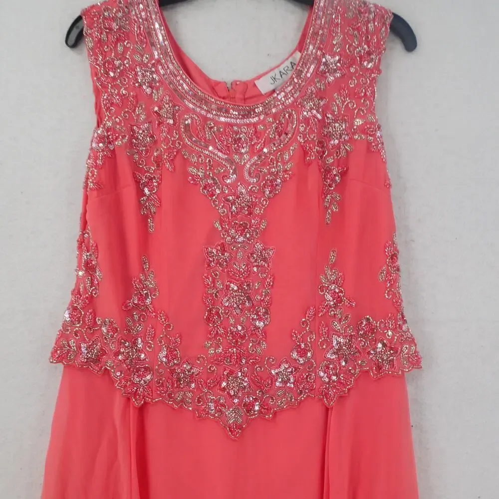 NEW J. Kara Women's 8 Petite Cap Sleeve Beaded Top Long Dress Coral 2737 - Picture 5 of 14